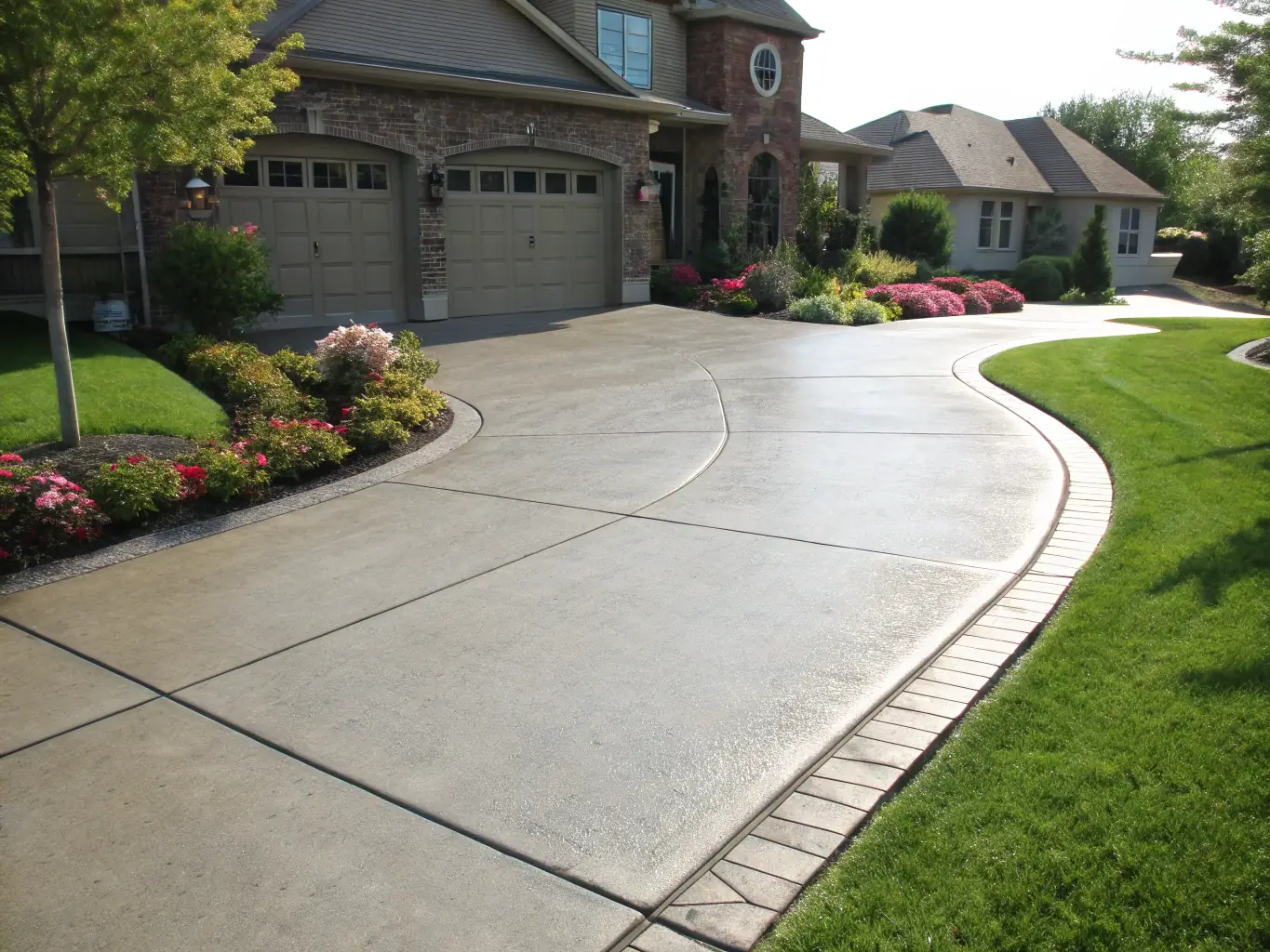 A beautifully designed residential driveway made of concrete, showcasing clean lines and organic textures, surrounded by lush greenery.