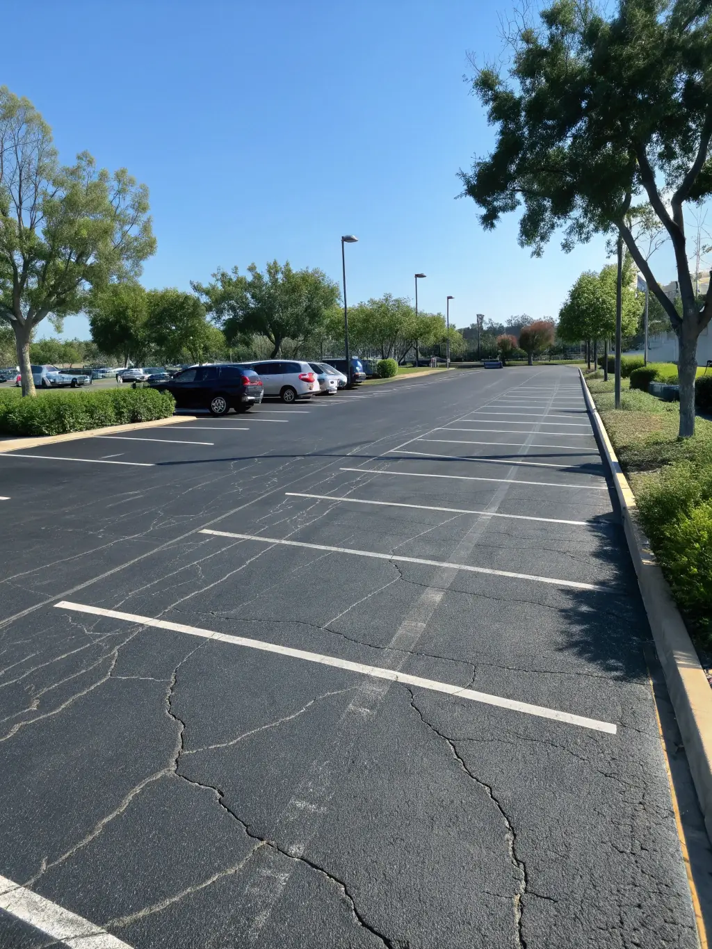 A commercial parking lot with clearly marked spaces and smooth concrete surfaces, highlighting Panos Concrete Inc.'s expertise in commercial projects.