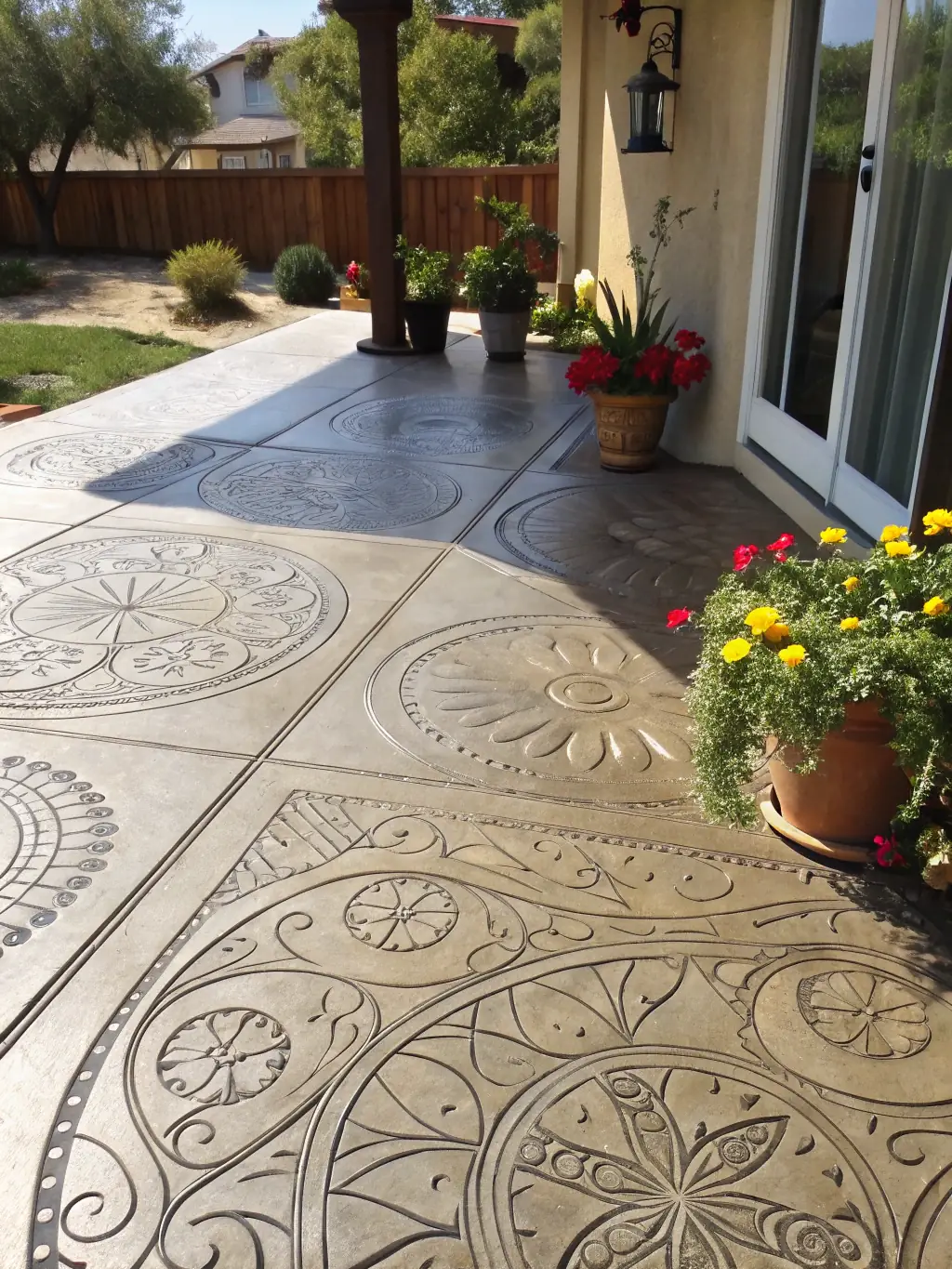 A beautifully finished concrete patio with organic textures and a deep green border, showcasing craftsmanship and design detail, used to represent Panos Concrete's residential concrete solutions.