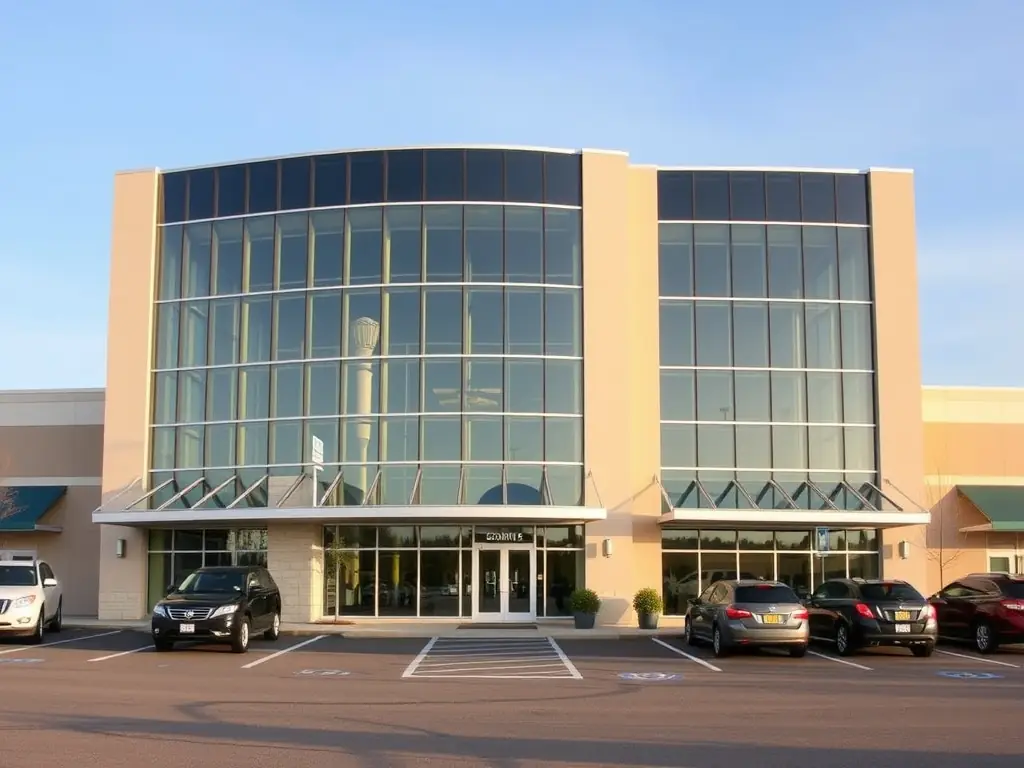 A modern commercial building with a large, durable concrete parking lot, designed for high traffic and long-term performance.