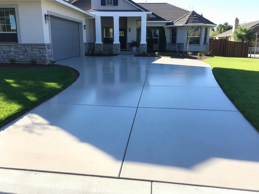 A newly poured concrete driveway for a residential home, showcasing a smooth, even surface and clean edges, with a family car parked on it.