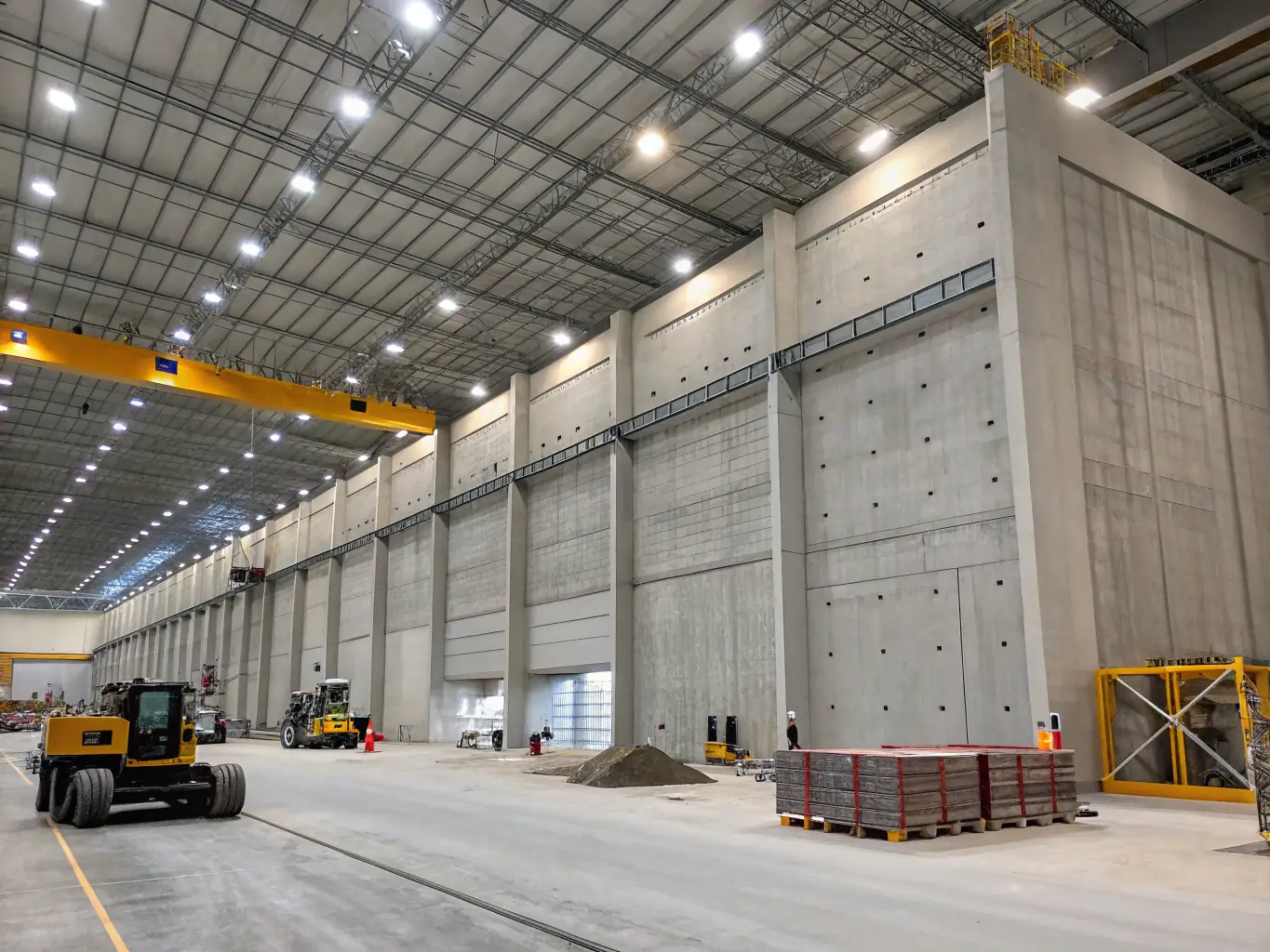 An industrial warehouse floor made of reinforced concrete, designed to withstand heavy machinery and storage, with visible durability and strength.
