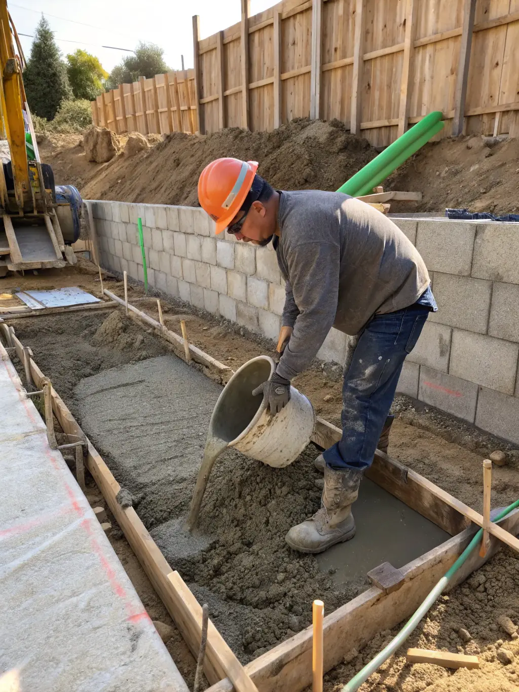 A close-up shot of heavy machinery operating on a vast industrial warehouse floor, showcasing the high-strength concrete being poured and leveled by Panos Concrete Inc.