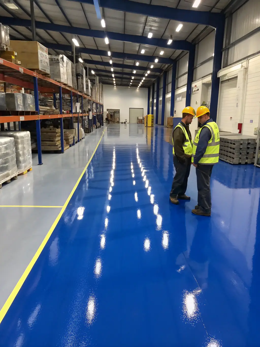 An industrial warehouse floor with a reinforced concrete slab, designed to support heavy machinery and equipment, demonstrating Panos Concrete Inc.'s industrial capabilities.