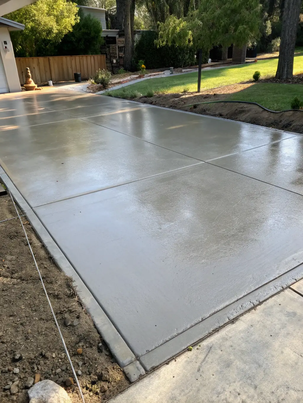 A high-angle shot of a newly poured, smooth concrete driveway leading up to a modern luxury home, showcasing clean lines and a pristine finish, emphasizing the residential concrete services offered by Panos Concrete Inc.
