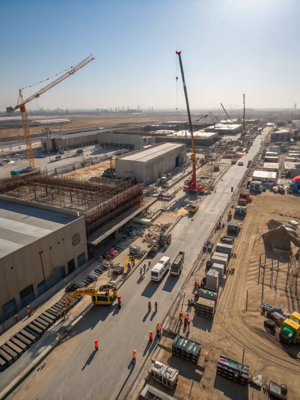 An aerial view of a large commercial plaza with a flawlessly poured concrete foundation, highlighting the scale and precision of Panos Concrete Inc.'s commercial projects.
