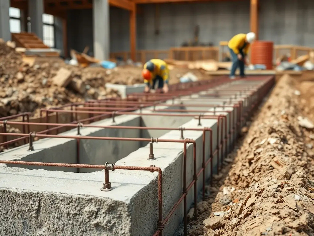 A robust concrete foundation for an industrial warehouse, emphasizing strength, durability, and sustainable construction practices.